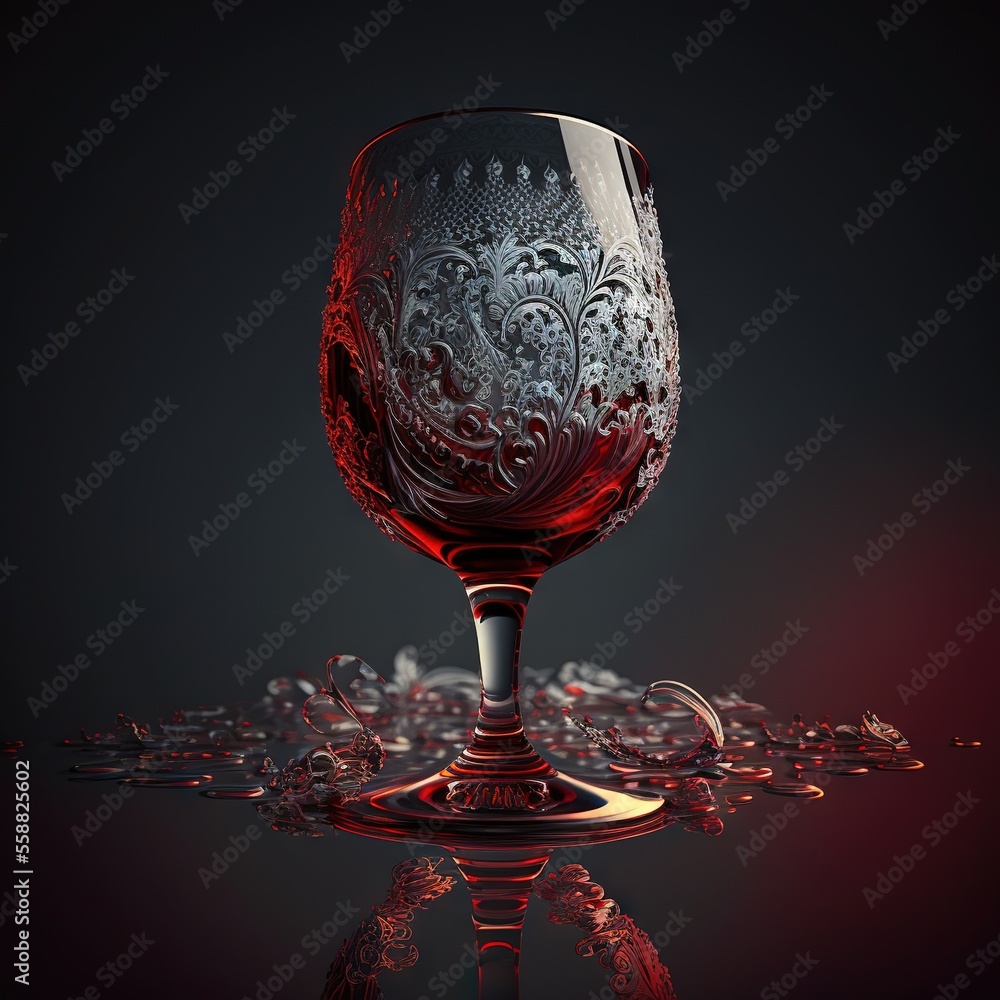 Poster a wine glass with a red liquid inside of it on a reflective surface with a red background and a blac