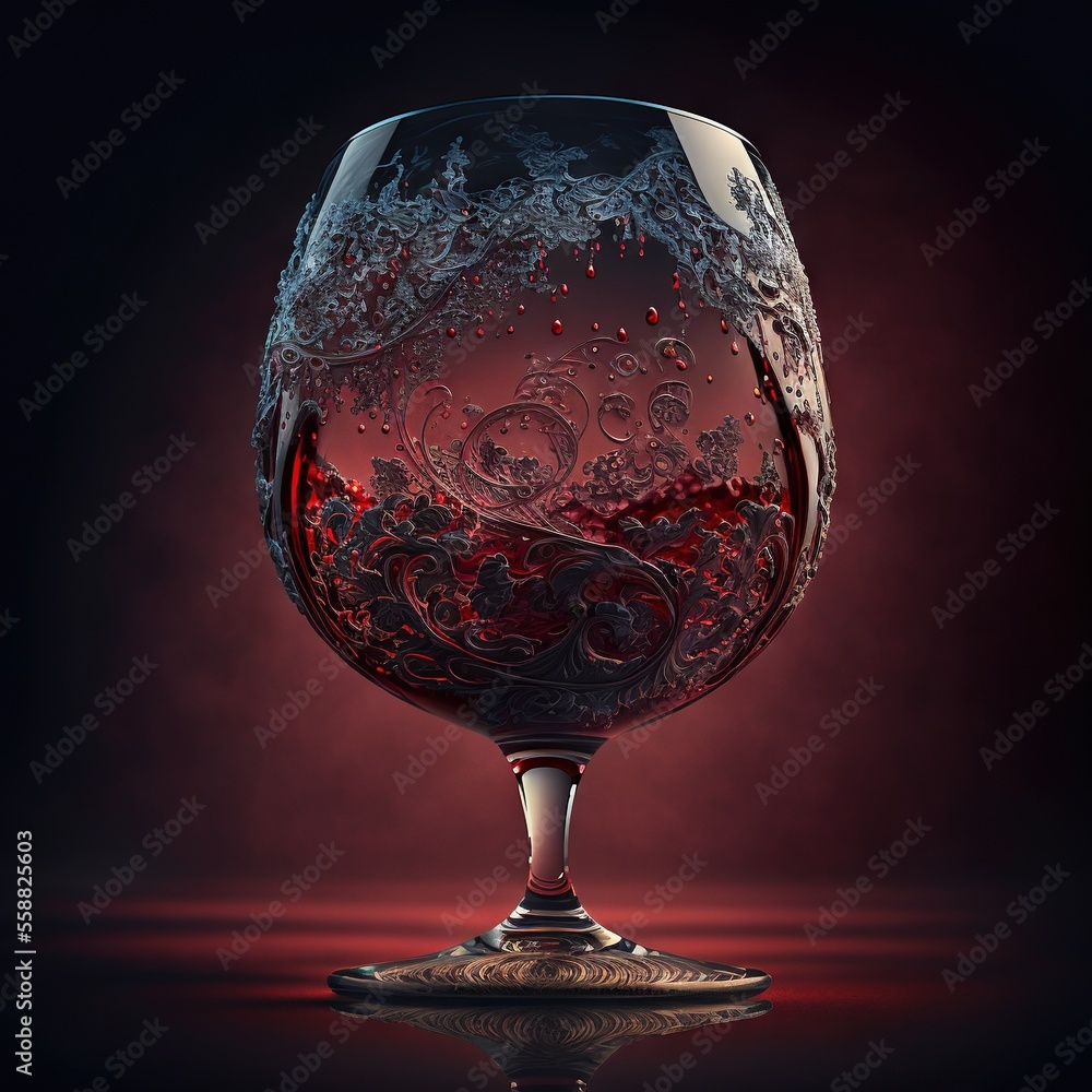 Poster a glass of wine with a red liquid inside of it on a table top with a black background and a red ligh