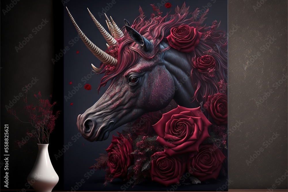 Aufkleber a painting of a unicorn with roses on it's head and a vase of flowers in front of it on a table with