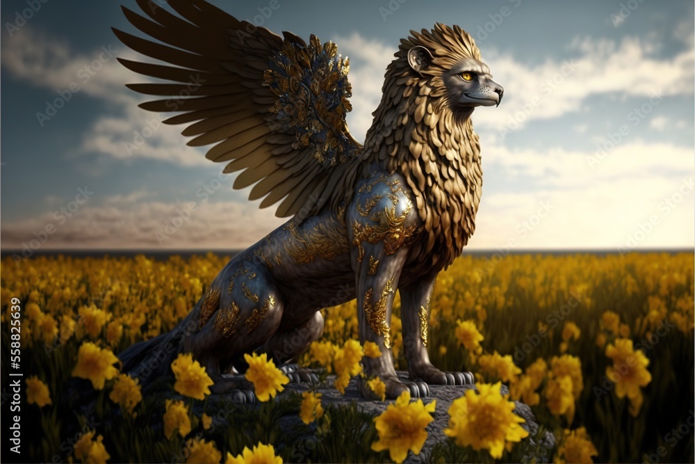 Poster a statue of a lion with wings on a field of flowers with a sky background and clouds in the backgrou