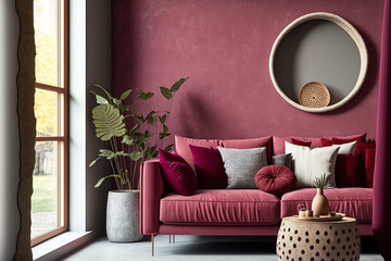 2023 viva magenta trend living room color. A vibrant couch accent. Background of plaster microcement wall. Burgundy and crimson colors are used in the room's decor. Textured stucco in beige taupe - obrazy, fototapety, plakaty