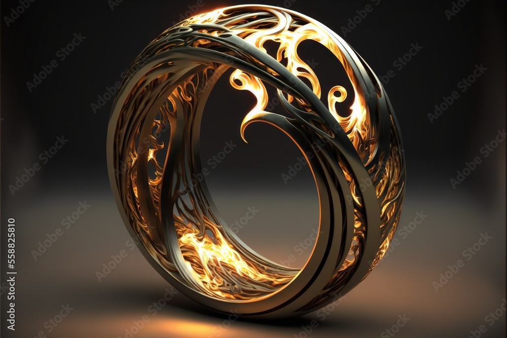 Poster  a ring with flames in the middle of it on a black background with a shadow of the ring on the ground and a black background with a light from the bottom to the top of the. Generative AI