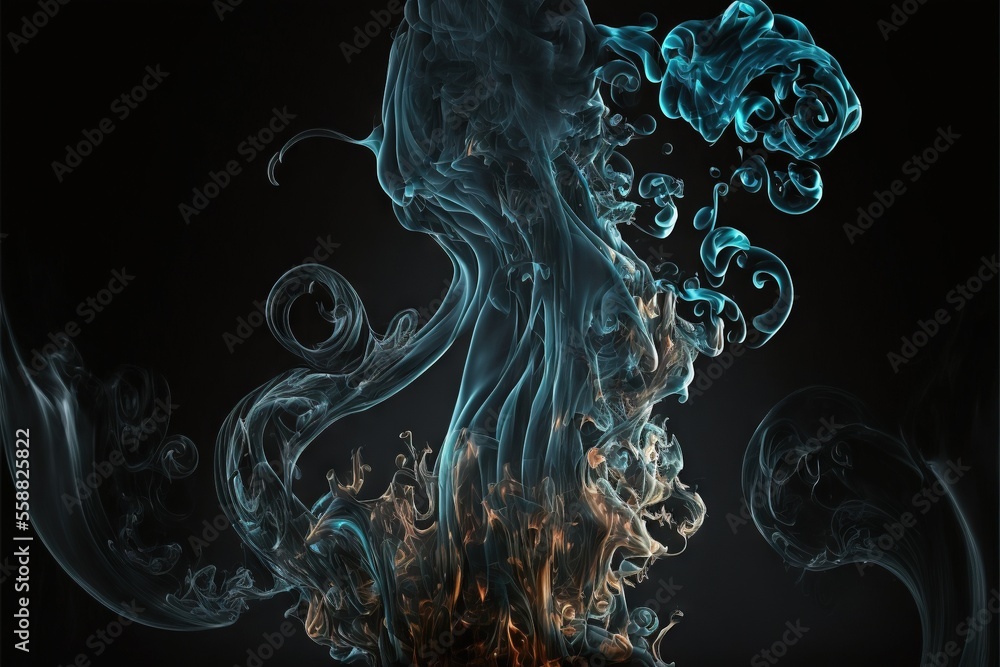 Poster a blue and green smoke is in the air on a black background with a black background and a black backg