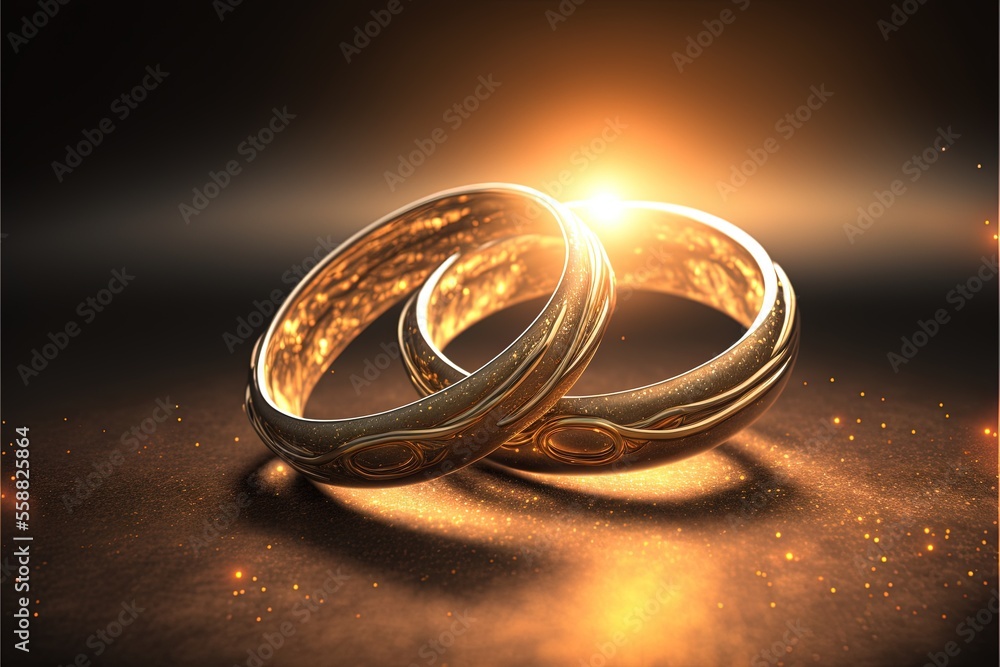 Poster two gold wedding rings sitting on a table with a bright light behind them and a black background wit