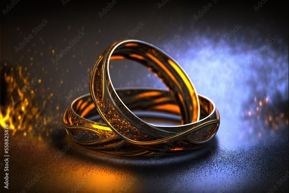 Poster two rings are sitting on a table with a blue background and a yellow light shining on the ground beh