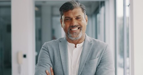 CEO, face or senior businessman with leadership, success mindset or corporate experience in office building. Mentor, portrait or happy Indian manager director with career goals, vision or motivation - Powered by Adobe