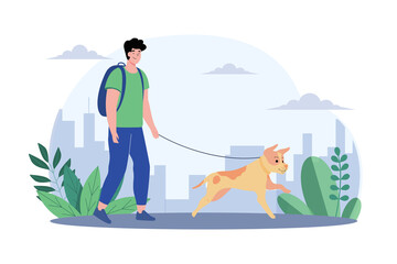 Young Man Walking With Cute Dog