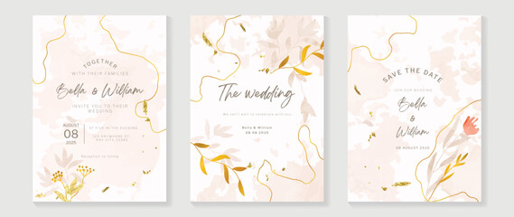 Luxury wedding invitation card background with golden texture line art template. Watercolor flower and botanical leaf branch background. Design illustration for wedding and vip cover template, banner.