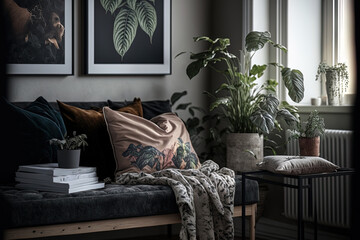 In a gloomy apartment with a poster and a plant, a wooden table and bench with pillows are placed in front of a sofa. real picture. Generative AI