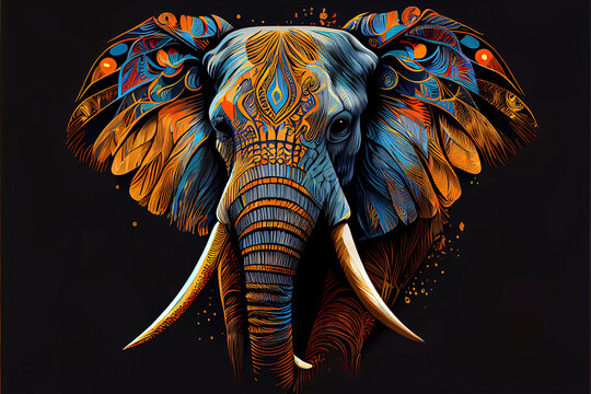 elephant head Fokus in camera ethnic painting with feathers