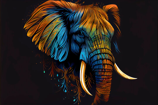 elephant head Fokus in camera ethnic painting with feathers