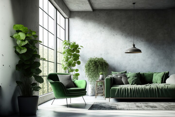 The concrete room of a loft style home is furnished with a green sofa and other items. Generative AI