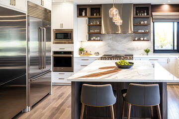 Beautiful kitchen with island and seats in a luxury modern contemporary residence. Generative AI