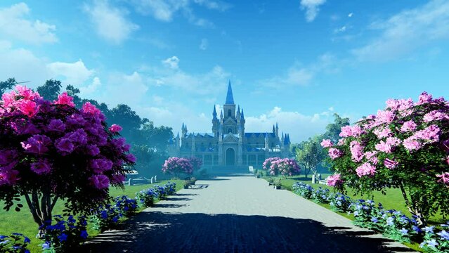 Royal castle in the park with blooming rose bushes