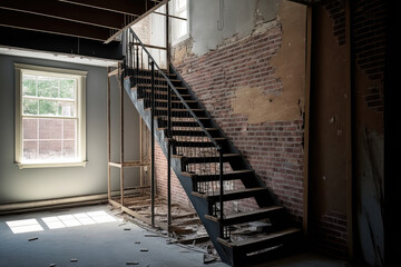 a staircase in the maintenance area. Construction materials are being used to refurbish, rebuild, and renovate an apartment. Generative AI