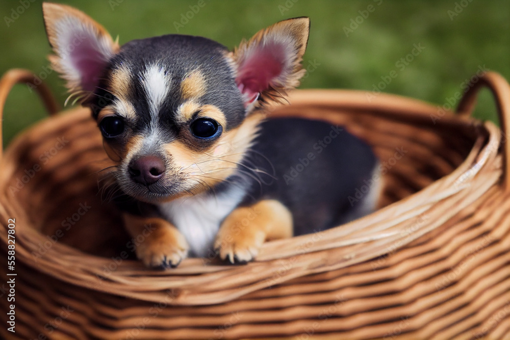 Wall mural cute chihuahua puppy in a wicker basket on the green grass in the park, generative AI