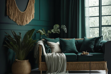 Interior of contemporary dark green home with rattan furniture and dried palm leaves in vase,. Generative AI