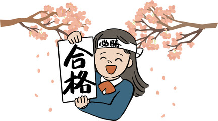桜の前で合格を表明する女の子