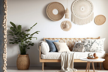 Interior of living room in a bohemian scandi style, wall mockup. Generative AI