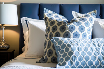 Blue and white pillows are used as bedside decorations in the bedroom. Generative AI
