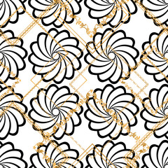 Seamless pattern decorated with precious stones, gold chains and pearls.	