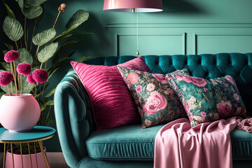 Pink pillows and a pink blanket are placed on a turquoise lounge in a chic apartment with floral decor. Generative AI
