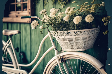 White bicycle with flowers in basket, soft focus interior design style. Generative AI