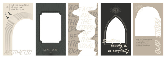 Collection of gothic and mysterious vertical illustrations for stories templates, Photo frame, Mobile App, Landing page, Web design in hand drawn style. Editable vector illustration