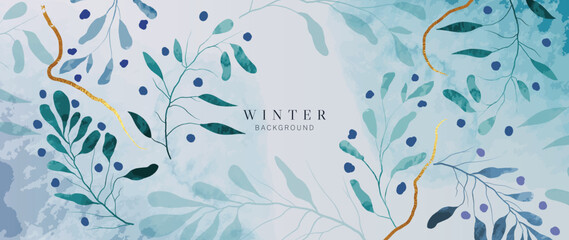 Watercolor abstract winter botanical background vector illustration. Hand painted watercolor winter wild leaf branches with elegant gold streak. Design for poster, wallpaper, banner, card, decoration.