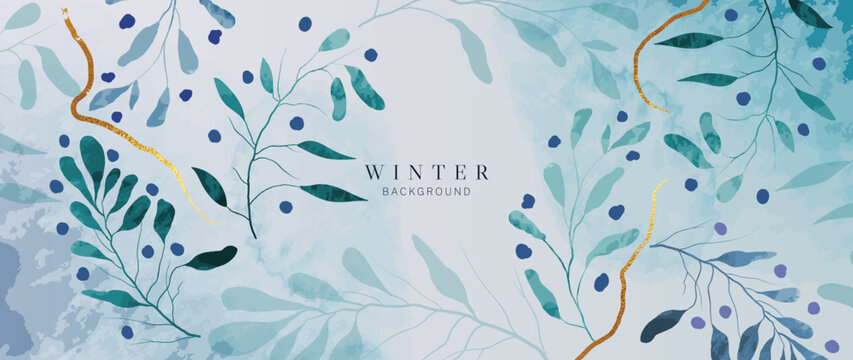 Watercolor Abstract Winter Botanical Background Vector Illustration. Hand Painted Watercolor Winter Wild Leaf Branches With Elegant Gold Streak. Design For Poster, Wallpaper, Banner, Card, Decoration.