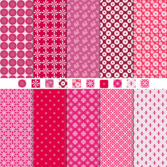 set of simple abstract flower shapes patterns seamless background in red and pink colors tone