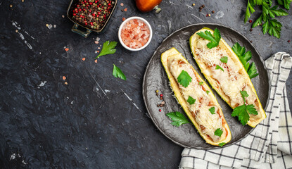 Zucchini stuffed with minced meat and cheese on a dark background. Restaurant menu, dieting, cookbook recipe top view
