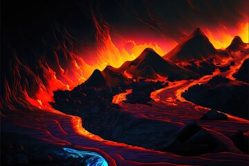 Multi-colored volcanic lava, abstract liquid fiery stains, burning lava. AI