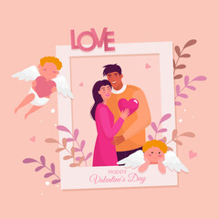 banner with cute flat illustration of lovers in photo frame with angels and twigs with leaves