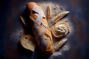 baguette and bread, ears of wheat decoration, powdered flour, nice composition, top view