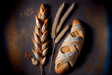 baguette and bread, ears of wheat decoration, powdered flour, nice composition, top view