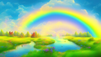Fototapeta na wymiar Magical rainbow in fairy tale forest as fantasy.