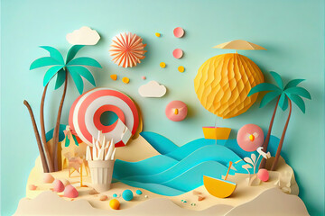 Abstract paper art of summer seascape with sea water splash and beach accessories on the beach - obrazy, fototapety, plakaty
