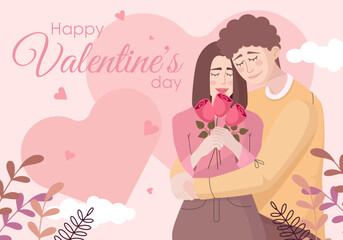 text happy valentines day lovers on background with clouds hearts and twigs with leaves