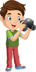 Cartoon boy taking photo using a digital camera
