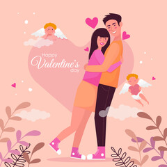 flat illustration of lovers for valentines day on the background of the heart of angels and branches with leaves
