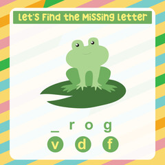 Missing letter worksheet for kids. Complete the missing letter for animal names in English. Kids educational game. Printable worksheet for preschool. Writing practice. Vector Illustrations file.