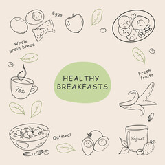 healthy breakfasts in hand drawn style in vector