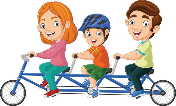Happy family cartoon riding tandem bicycle