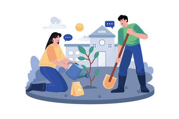 A Couple Is Planting And Taking Care Of Trees In The Schoolyard