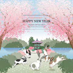 Vector illustration of rabbits in the spring scenery of Korean. Design for social media, party invitation, Frame Clip Art and Business Advertisement	 - 558834622
