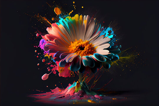 daisy flower in front of a colorful explosion of paint on a black