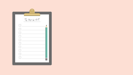 手書きのTO DO LISTの文字入りの書類を挟んだバインダーと鉛筆のおしゃれな素材