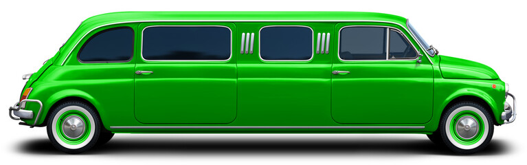 A limousine based on a small classic European car in full green. Side view on isolated on transparent background.
