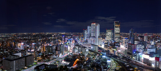 Ultra wide image of Nagoya station and its vicinity downtown area with high rise buildings at...